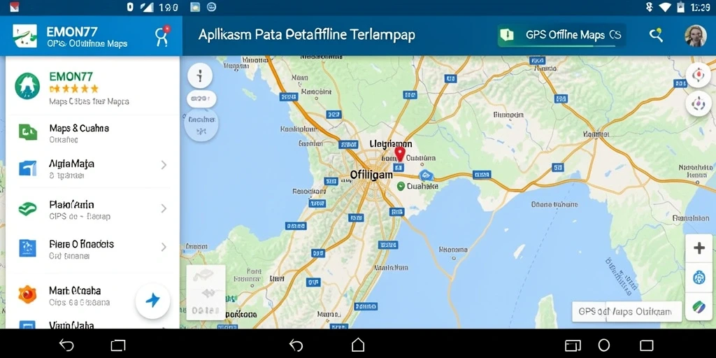 Antarmuka EMON77 menampilkan peta offline yang detail dan navigasi yang jelas.
