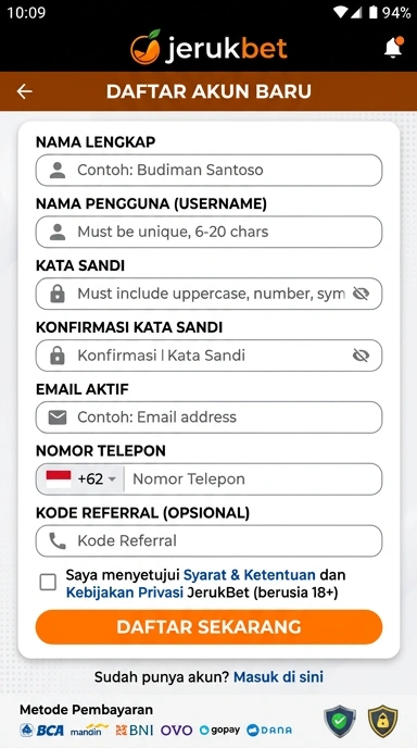 Tampilan halaman daftar jerukbet